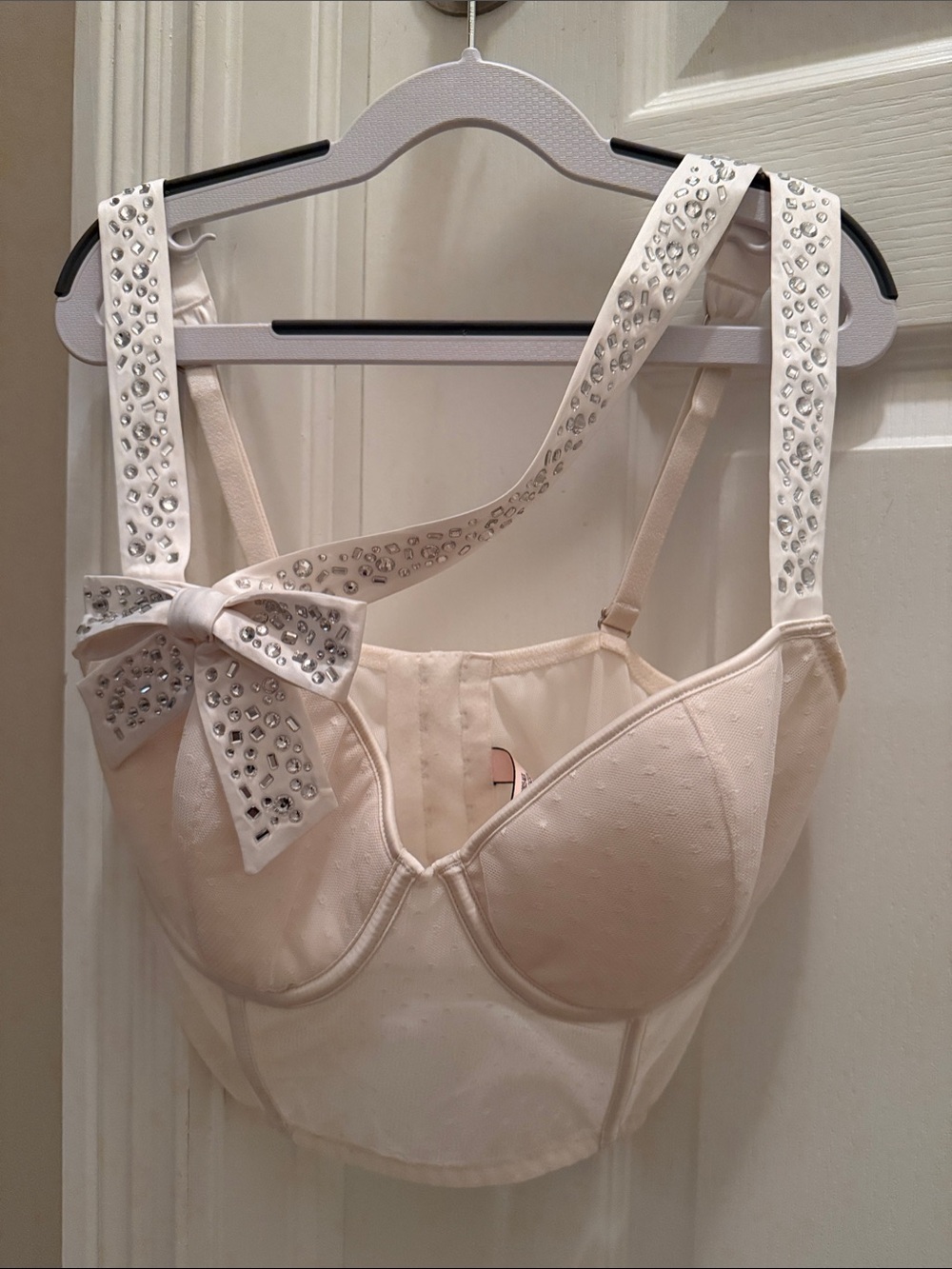 Victoria Secret Embellished Cream Longline Bra with Bow